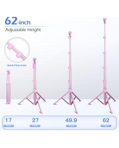 62" Phone Tripod & Selfie Stick, Extendable Cell Phone Tripod Stand with Wireless Remote and Phone Holder-Pink