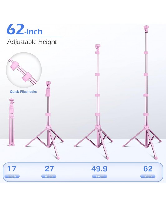 62" Phone Tripod & Selfie Stick, Extendable Cell Phone Tripod Stand with Wireless Remote and Phone Holder-Pink