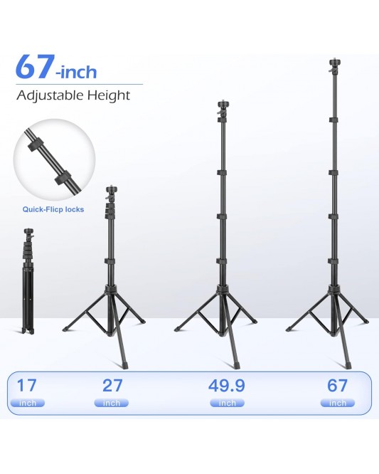 67" Phone Tripod & Selfie Stick, Extendable Cell Phone Tripod Stand with Wireless Remote and Phone Holder-Black