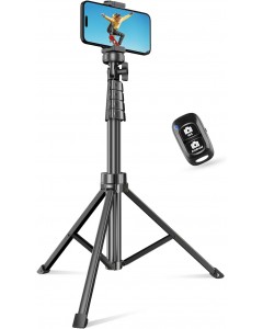 62" Phone Tripod & Selfie Stick, Extendable Cell Phone Tripod Stand with Wireless Remote and Phone Holder-Black