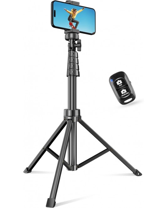 62" Phone Tripod & Selfie Stick, Extendable Cell Phone Tripod Stand with Wireless Remote and Phone Holder-Black
