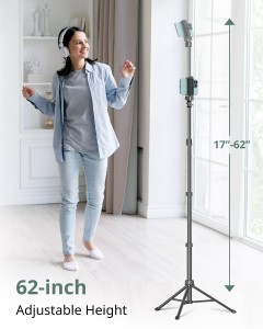 62" Phone Tripod & Selfie Stick, Extendable Cell Phone Tripod Stand with Wireless Remote and Phone Holder-Black