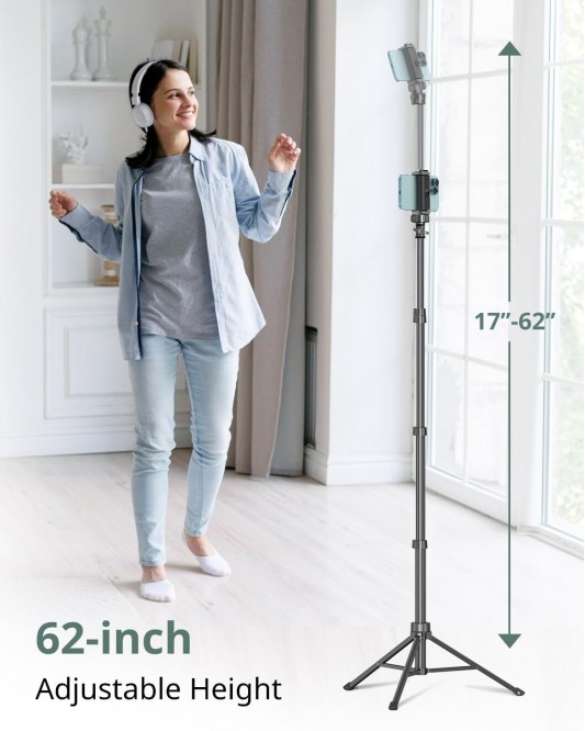 62" Phone Tripod & Selfie Stick, Extendable Cell Phone Tripod Stand with Wireless Remote and Phone Holder-Black