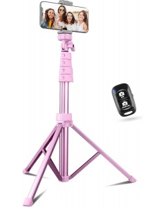 67" Phone Tripod & Selfie Stick, Extendable Cell Phone Tripod Stand with Wireless Remote and Phone Holder-Pink