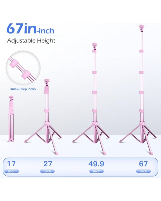 67" Phone Tripod & Selfie Stick, Extendable Cell Phone Tripod Stand with Wireless Remote and Phone Holder-Pink