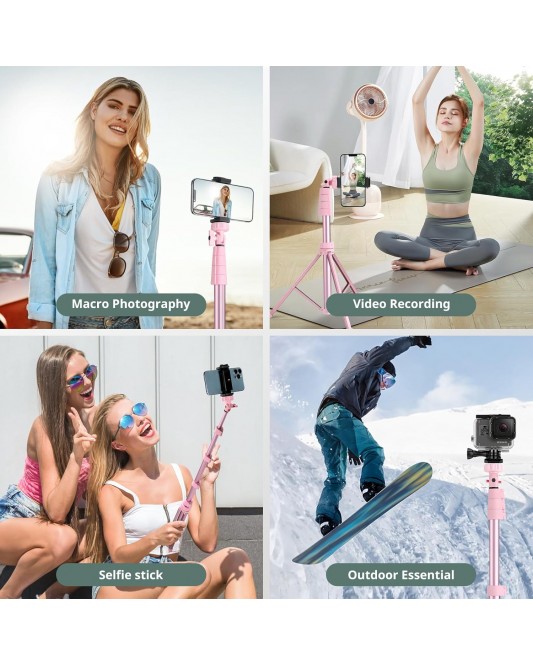 72" Phone Tripod & Selfie Stick, Extendable Cell Phone Tripod Stand with Wireless Remote and Phone Holder-Pink