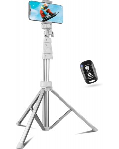 67" Phone Tripod & Selfie Stick, Extendable Cell Phone Tripod Stand with Wireless Remote and Phone Holder-Silver