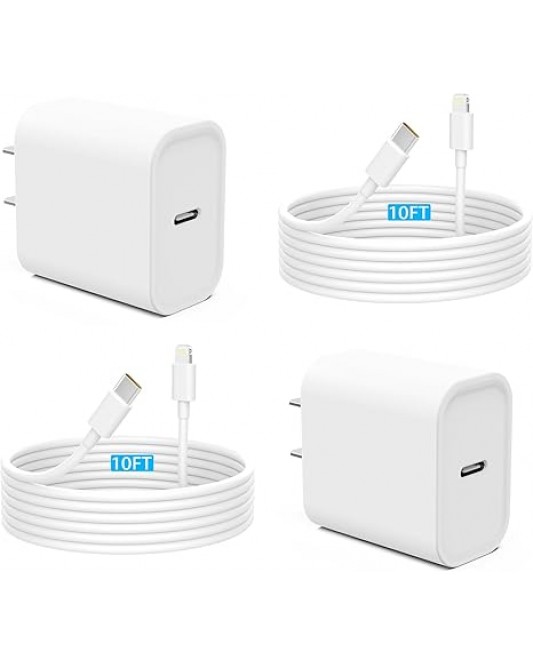 Fast Charger [MFi Certified] 2 Pack 20W PD USB C Wall Charger Adapter with 2 Pack 10FT Long Type C to Lightning Cable